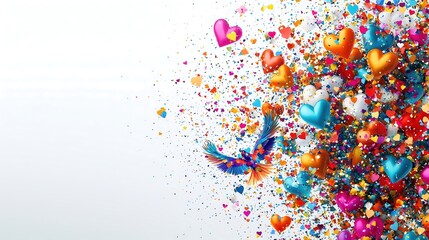 A dynamic shot of lovebirds fluttering joyfully, flanked by a flurry of vibrant, glittering hearts; the bright colors and energetic composition aim to evoke a sense of happiness and celebration of