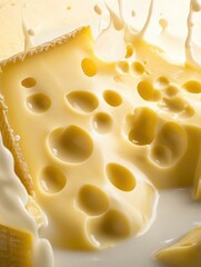 Close-up of Swiss cheese with holes, drizzled with milk and melted butter.