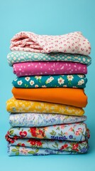Colorful stack of folded clothes against blue background 