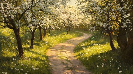 Fototapeta premium A serene spring landscape with a winding path surrounded by blossoming trees and a meadow covered in white petals. A peaceful nature scene. Generative AI.