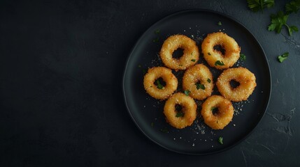 Freshly fried onion rings garnished with herbs on a dark plate ready to be enjoyed during a casual gathering