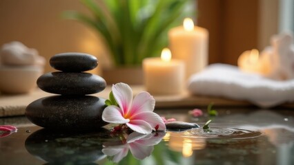 Obraz premium Spa accessories installed in a day spa hotel, health and beauty center. Spa products - towels, candles, stones for stone massage, placed in a luxury spa, villa in Bali