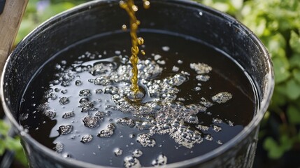 Pouring Liquid Fertilizer into a Garden Bucket