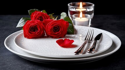 An intimate dining setup for two, complete with flickering candles, vibrant red roses, and shimmering silverware, creating a romantic atmosphere,