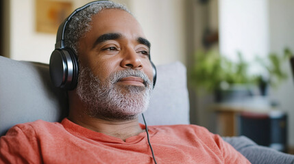 Naklejka premium mid-aged man with vitiligo, sitting comfortably at home while listening to music through headphones.