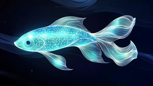 Glowing polygonal fish swimming in dark water