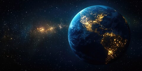 Fototapeta premium The Earth viewed from outer space, with the night sky as the backdrop and glowing city lights highlighted.
