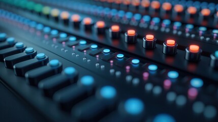 Fototapeta premium A close-up view of a sound mixing console with illuminated buttons and sliders, showcasing vibrant colors and intricate design.