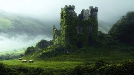 Obraz premium An ancient, ivy-covered castle ruin standing in the misty hills, with grazing sheep in the foreground. A scene of history and mystery. Generative AI.