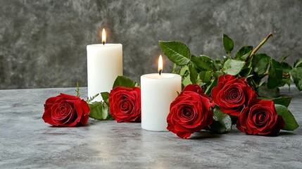 An elegantly styled table for two adorned with flickering candles and red roses, radiating warmth and romance for a perfect date night,