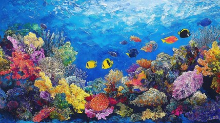 Obraz premium A colorful coral reef with a variety of fish swimming among the corals in the blue ocean.