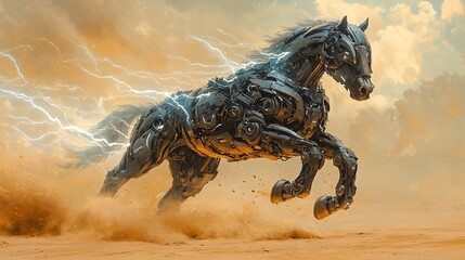Obraz premium Mechanical Horse Runs Across Desert Under Thunderstorm