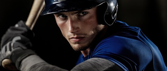 Young baseball player preparing to swing bat in dramatic lighting, showcasing athleticism and focus in sports photography for editorial and marketing use.