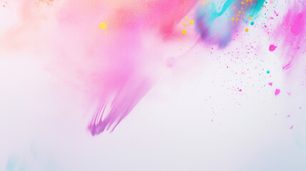 A contemporary abstract composition of Holi festival-inspired brushstrokes in rich magenta, cyan, and golden hues, sweeping elegantly across the lower third of a white canvas. 70% of the image remains