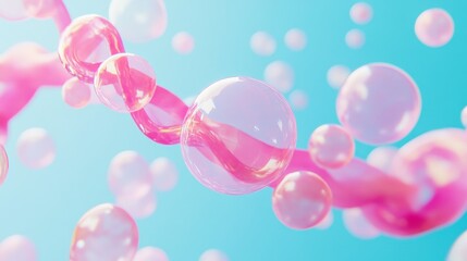 A colorful representation of DNA with floating pink bubbles on a blue background, symbolizing genetic breakthroughs