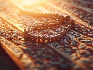 Rosary with beads on Islamic prayer rug, symbolizing spirituality and religious faith. The rosary is a significant tool for meditation and prayer in many cultures.