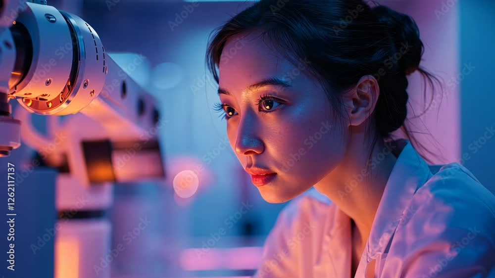 Poster In a tech lab, a woman focuses intently on programming a robotic arm while her colleagues watch attentively, engaged in the innovative process of robotics development.