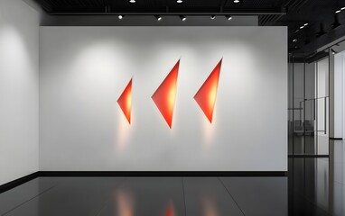 A trapezoidal white wall with three fiery red spotlights, located in a sleek gallery with glossy black floors and sharp modern decor.