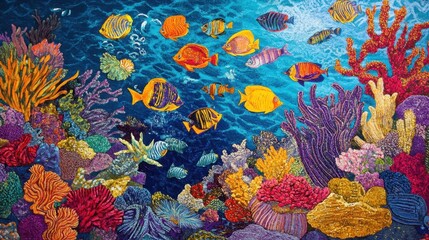 A colorful underwater scene with a lively coral reef and schools of fish darting between the corals.
