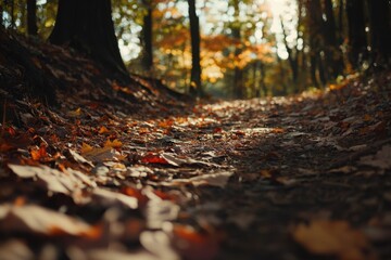 Fototapeta premium World Forestry Day Autumn leaves on a forest pathway in warm sunlight