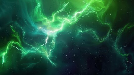Green electric nebula with lightning and starry night sky in space