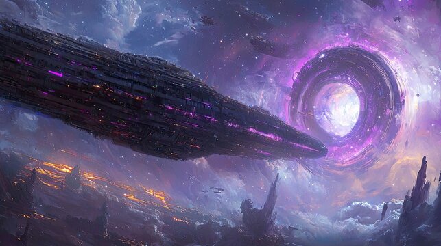 Futuristic spaceship hovering near a glowing purple nebula. Sci-fi exploration, deep space travel, alien technology, cosmic wonder, intergalactic adventure, advanced starship. Generative AI