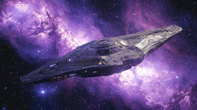 Futuristic spaceship hovering near a glowing purple nebula. Sci-fi exploration, deep space travel, alien technology, cosmic wonder, intergalactic adventure, advanced starship. Generative AI