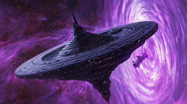 Futuristic spaceship hovering near a glowing purple nebula. Sci-fi exploration, deep space travel, alien technology, cosmic wonder, intergalactic adventure, advanced starship. Generative AI