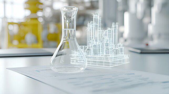 Glass flask with liquid on a laboratory table alongside a digital hologram of an industrial chemical plant, symbolizing scientific research, innovation, and chemical engineering in a high-tech environ
