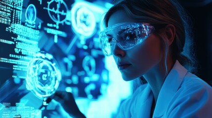 Scientist Analyzing Data on High-Tech Screen in Modern Laboratory Setting with Futuristic Technology and Digital Interface