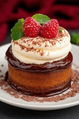 National Chocolate Souffle Day Chocolate cake with cream topping and raspberries on a white plate