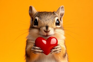 Cute chipmunk baby with diamond red heart - emblem of love, funny greeting card. Ad campaign concept art. Chipmunk - my preferred animal. Advertising visual design. Wild love animals.