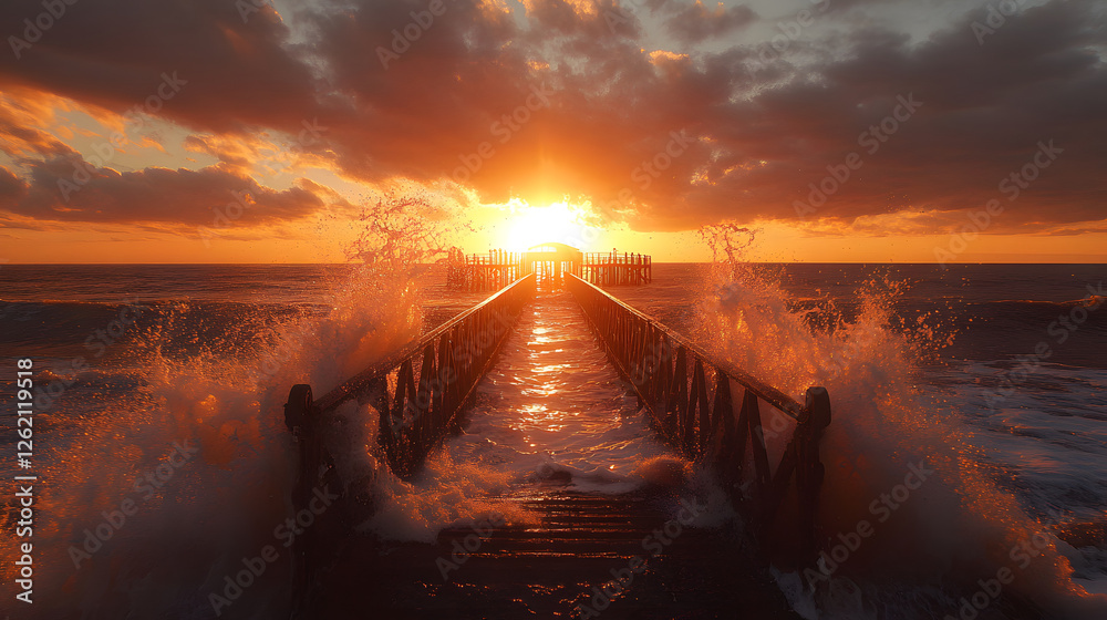 Poster sunset over a pier with waves crashing against it