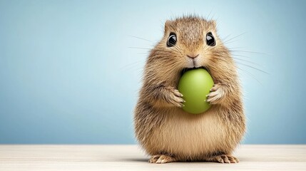 Cute hamster holding green fruit on wooden surface.