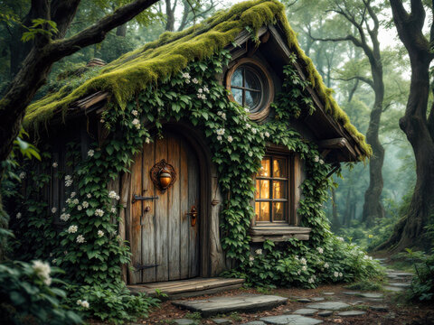 An old wooden house overgrown with plants and a house in the forest
