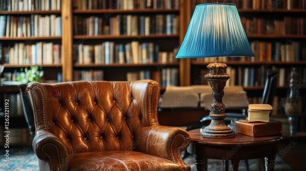 Canvas Prints A cozy leather chair placed near a blue lamp, creating a warm, inviting atmosphere in a sophisticated library.