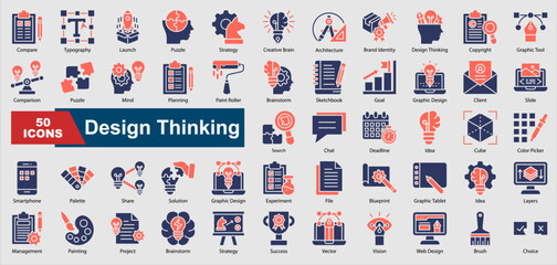 Design Thinking collection set. Typography,Graphic Design,Brainstorm, Idea, Solution,Client,Sketchbook,Mind,Color Picker,Experiment,Layers,Painting,Brush,Web Design,Project,Palette,Cube,Deadline,Goal