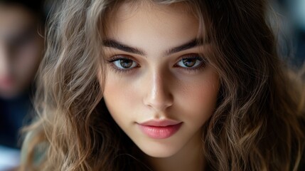 Fototapeta premium Close-up portrait of young caucasian female with long wavy hair and intense gaze College Student Grief Awareness Day