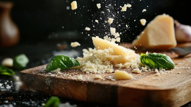 National Wine and Cheese Day Fresh parmesan cheese crumbles with basil on a wooden cutting board - Powered by Adobe