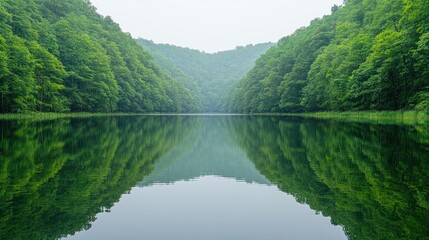 Obraz premium Misty Forest Lake Reflection; Tranquil Valley Landscape; Scenic Water Reflection; Perfect for Nature Lovers