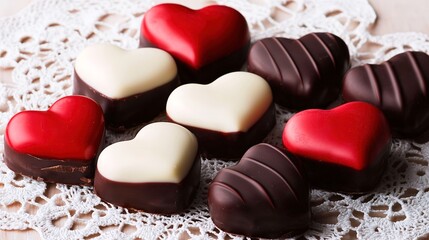 Obraz premium An artistic perspective on heart-shaped chocolates arranged in a harmonious pattern on an intricately woven lace doily, capturing the essence of love and elegance for upscale dessert branding.