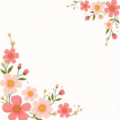 Elegant floral frame with pink flowers and green leaves on a light background. Delicate botanical design for invitations, greeting cards, wedding templates, and decorative projects.