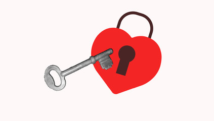 halftone collage, Heart lock and key illustration symbolizing love, trust, and commitment. Valentine's Day, relationships, romance, and security themes. Modern