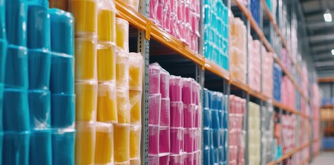 Obraz premium Colorful plastic cups stacked on warehouse shelves.