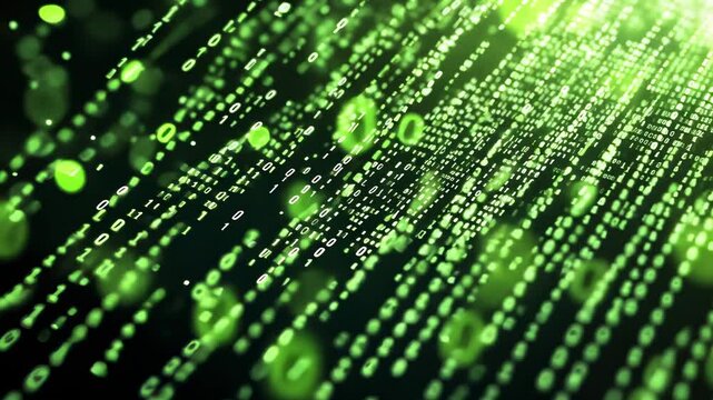 Abstract Green Matrix Code Flowing Through Digital Space with Glowing Particles Representing Data and Technology
