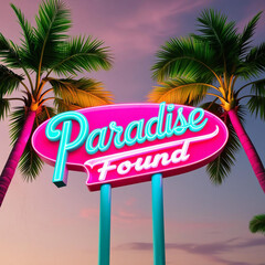 A glowing, neon-lit _Paradise Found_ sign with retro fonts and palm trees