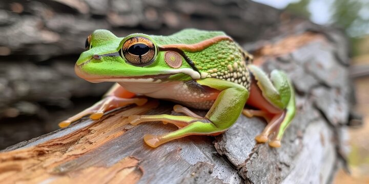 Close-up of green tree frog on log in nature habitat. World Frog Day