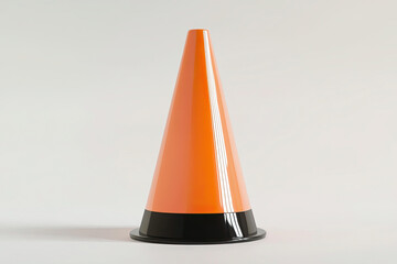 A single vibrant orange traffic cone with a black base sits on a light gray surface