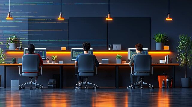 Modern Workspace Harmony: Three individuals, engrossed in their work, sit at computers in a sleek, contemporary office space.