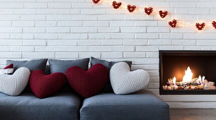 An elegantly styled living room with a festive touch, featuring heart-shaped cushions, fairy lights twinkling softly, and a glowing fireplace that creates a nurturing atmosphere ideal for relaxation